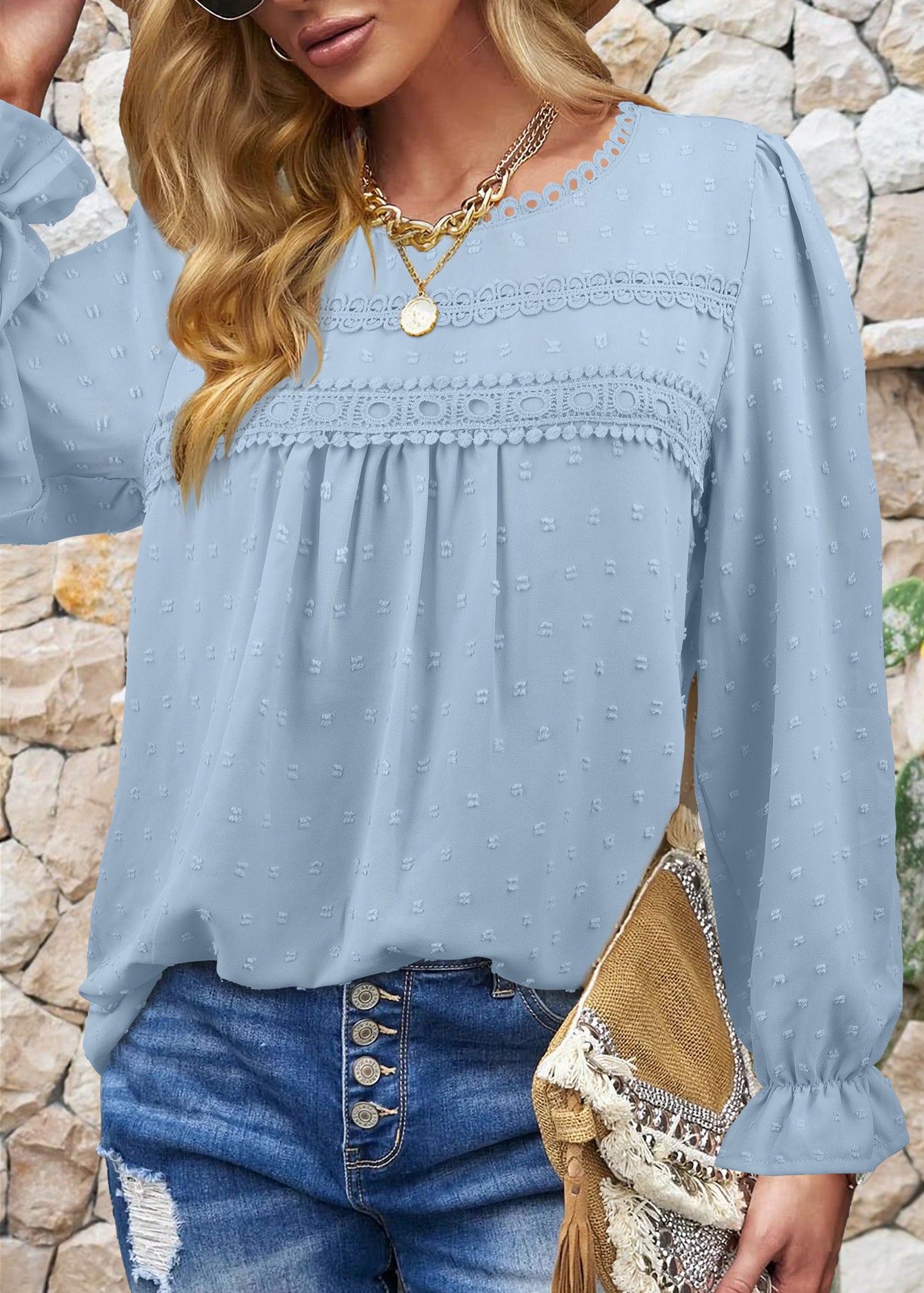 Womens Boho Tops Long Sleeve Shirts For Women Swiss Dot Cute Crewneck Blouse