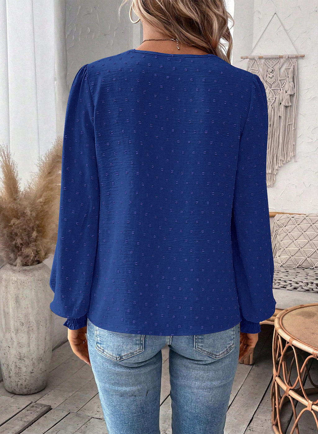 Womens Tops Swiss Dot Boho Long Sleeve Shirts V Neck Casual Chiffon Blouses