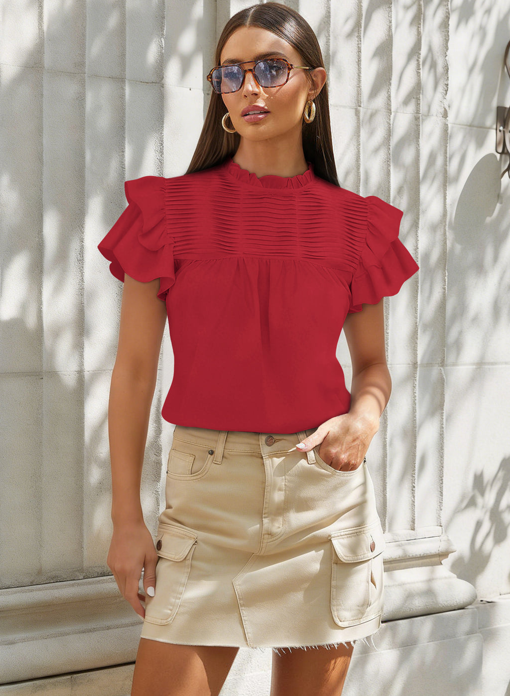 Womens Summer Tops Plus Size Ruffle Sleeve Blouses Dressy Casual Mock Neck