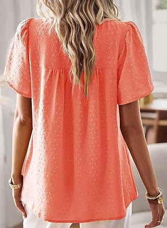 Womens Summer Tops Short Sleeve Shirts Floral Crochet Chiffon Blouses Swiss Dot Clothing