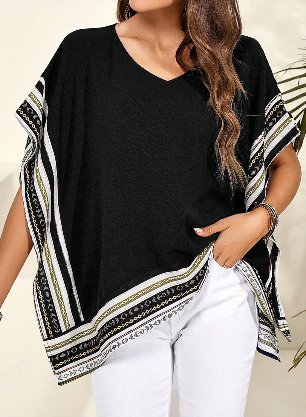 Women's Casual V Neck Floral Tops Batwing Sleeve Blouse Loose Fitting Shirts