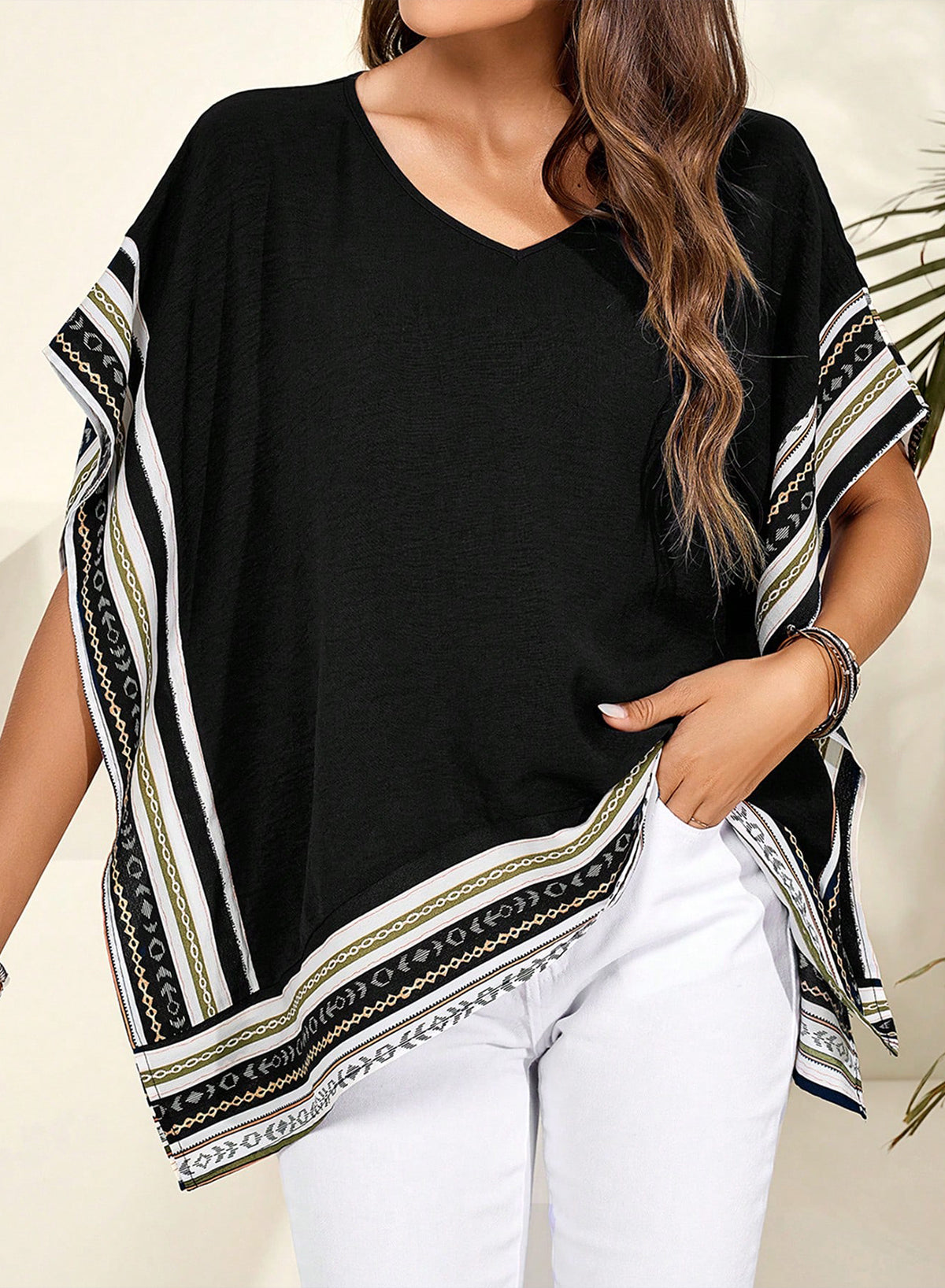 Women's Casual V Neck Floral Tops Batwing Sleeve Blouse Loose Fitting Shirts