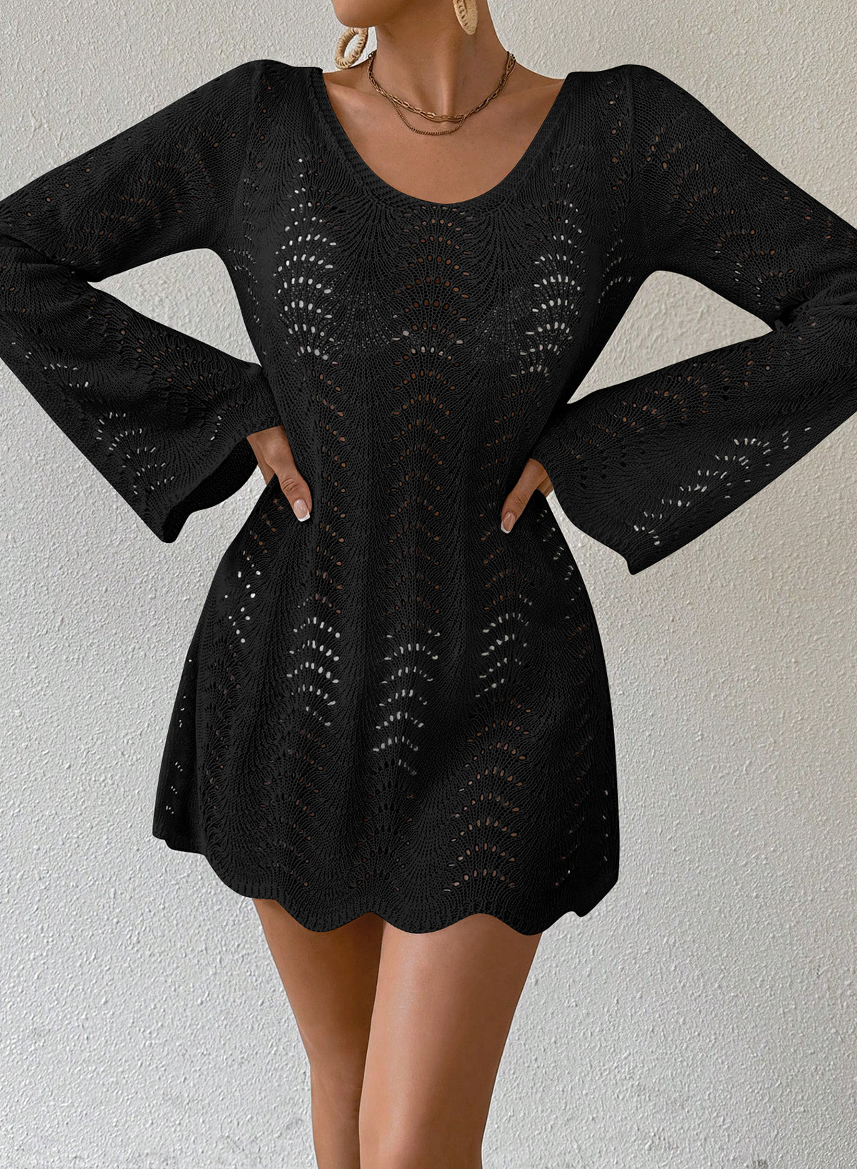 Womens Swimsuit Cover Up Long Sleeve Crochet Bathing Suit Mesh Backless Cover Ups