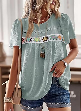 Womens Summer Tops Short Sleeve Shirts Floral Crochet Chiffon Blouses Swiss Dot Clothing