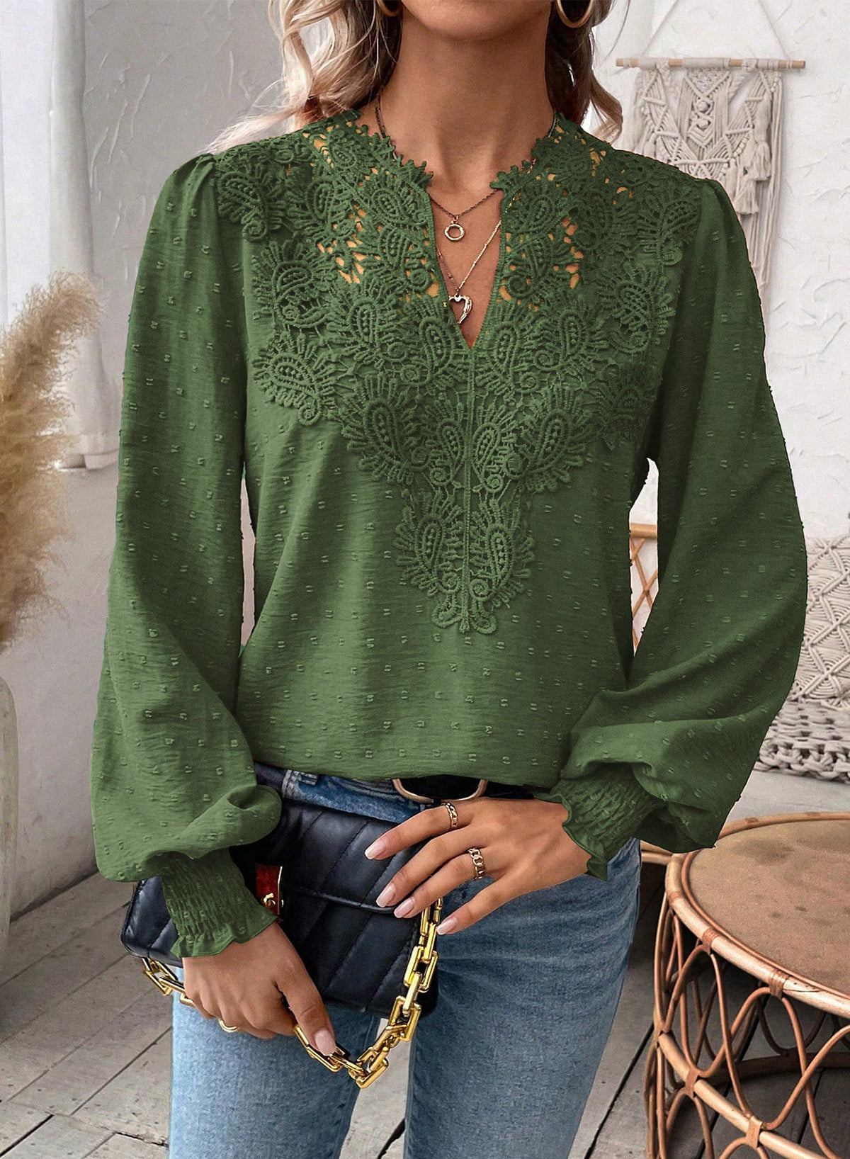 Womens Tops Swiss Dot Boho Long Sleeve Shirts V Neck Casual Chiffon Blouses