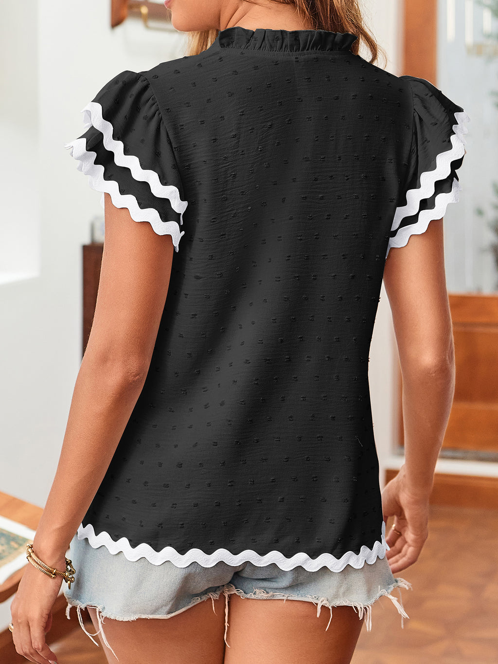 Womens Tops Summer Short Ruffle Sleeve V Neck Blouses Cute Boho Swiss Dot Lace Shirts