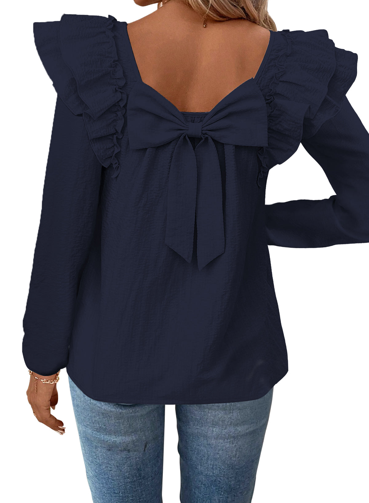 Womens Bow Tie Back Tops Square Neck Long Ruffle Sleeve T-Shirts