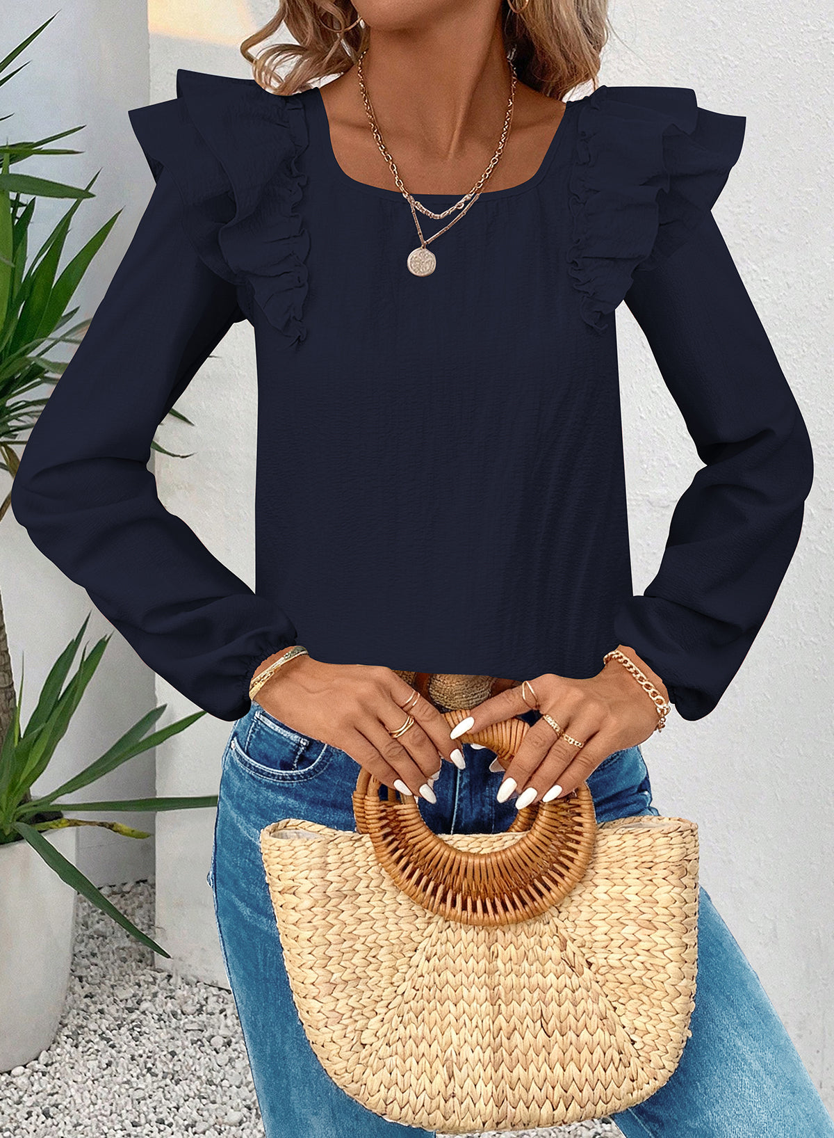 Womens Bow Tie Back Tops Square Neck Long Ruffle Sleeve T-Shirts