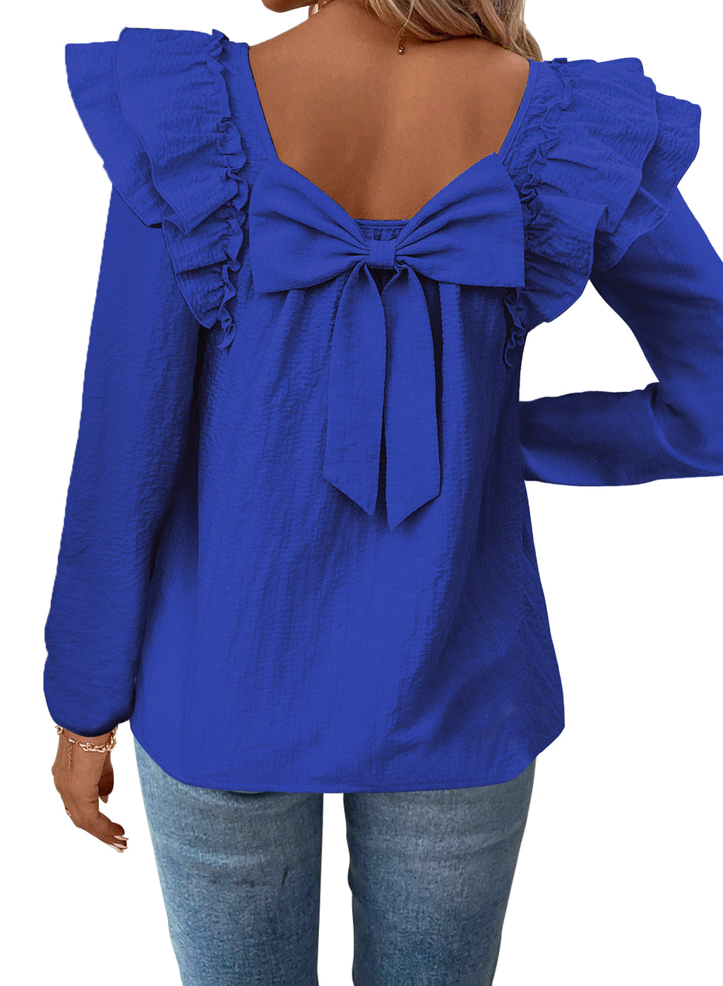 Womens Bow Tie Back Tops Square Neck Long Ruffle Sleeve T-Shirts