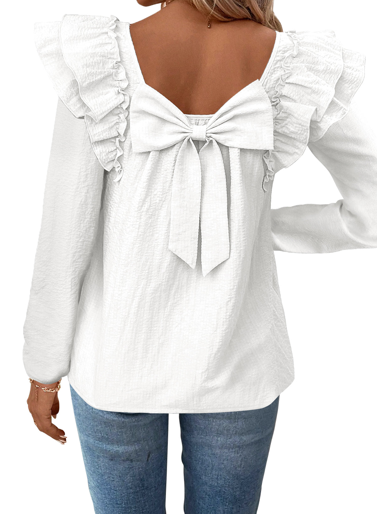 Womens Bow Tie Back Tops Square Neck Long Ruffle Sleeve T-Shirts